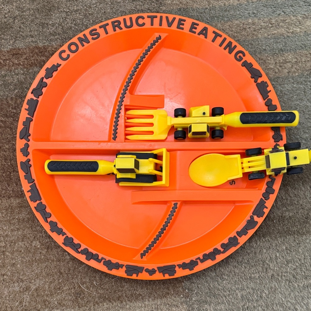 Orange Construction Plate and Utensils Set